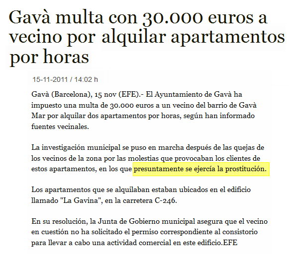 Notcia publicada per l'Agncia EFE sobre la multa de 30.000 euros imposada per l'Ajuntament de Gav a un ve de Gav Mar per llogar apartaments per hores (pressumptament a prostitutes)
